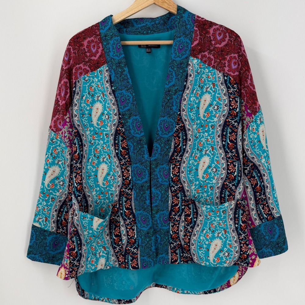 Zara TRF Paisley Patchwork Kimono Cardigan Open Front Mixed Print Teal SM